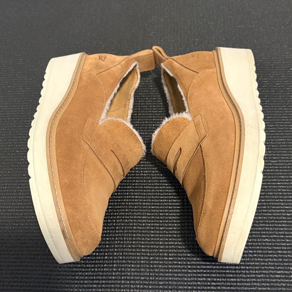 UGG Chestnut Suede Slip-On Flats with Shearling Trim